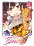  1girl absurdres blush brown_eyes brown_hair chopsticks corn cup cup_noodle cup_ramen eating eyebrows_visible_through_hair food food_focus highres holding holding_chopsticks instant_ramen momiji_mao noodles original seafood shrimp simple_background smile sparkle spring_onion steam translation_request white_background 
