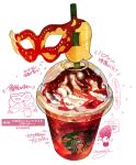  absurdres cream cup disposable_cup drink drinking_straw food_focus glass highres masquerade_mask momiji_mao no_humans original signature simple_background sparkle starbucks starbucks_siren still_life translation_request white_background 