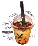  absurdres bubble_tea cup disposable_cup drink drinking_straw english_text food_focus garnish highres leaf momiji_mao no_humans original simple_background sparkle still_life translation_request white_background 