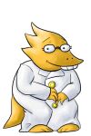  alphys anthro ashimeputa barefoot buckteeth clothed clothing coat eyewear female front_view glasses lab_coat lizard looking_at_viewer pigeon_toed reptile scales scalie simple_background smile solo standing teeth thick_tail topwear undertale video_games yellow_body yellow_scales 