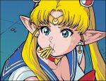  1girl bishoujo_senshi_sailor_moon blonde_hair breasts choker circlet cleavage collarbone commentary cosplay derivative_work earrings elf-san_wa_yaserarenai. erufuda-san food food_in_mouth french_fries hair_ornament hair_over_shoulder jewelry long_hair medium_breasts parody pointy_ears red_choker sailor_moon sailor_moon_(cosplay) sailor_moon_redraw_challenge sailor_senshi_uniform screencap_redraw solo sweatdrop synecdoche tsukino_usagi twintails 