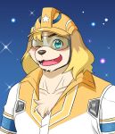  anthro armor canid canine canis clothing domestic_dog eyewear floppy_ears fur goggles headgear helmet hi_res hisaki_(live-a-hero) jumpsuit kotorran live-a-hero male mammal multicolored_body multicolored_fur one_eye_closed sky smile solo star starry_sky superhero wink 