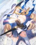  1girl belt blonde_hair blue_eyes blue_skirt breasts charlotte_(last_origin) cleavage drill_hair foreshortening garter_straps gloves hair_between_eyes hat hat_feather huge_breasts kagimiya_mello last_origin long_hair looking_at_viewer one_eye_closed open_mouth pleated_skirt pointing_sword side_drill skirt smile solo sword thighhighs very_long_hair weapon white_gloves 