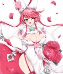  1girl breasts chemaru_(a8l) cleavage clover dress earrings elphelt_valentine flower four-leaf_clover guilty_gear guilty_gear_xrd jewelry one_eye_closed petals pink_flower pink_hair rose short_hair white_dress 