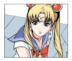  1girl bangs bishoujo_senshi_sailor_moon blonde_hair blue_sailor_collar breasts brown_eyes choker cleavage crescent crescent_earrings derivative_work diadem earrings eguchi_hisashi hair_over_shoulder heart heart_choker highres jewelry long_hair parted_bangs parted_lips red_choker sailor_collar sailor_moon sailor_moon_redraw_challenge screencap_redraw short_sleeves solo sweatdrop tsukino_usagi twintails upper_body 