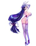  1girl absurdres animal_ears bad_anatomy breasts bunny_ears choker elbow_gloves fake_animal_ears fate_(series) full_body gloves graphite_(medium) high_heels highres huge_breasts imp_(sksalfl132) lips long_hair low-tied_long_hair minamoto_no_raikou_(fate) multiple_sources purple_eyes purple_hair skindentation standing thighhighs traditional_media twisted_torso very_long_hair white_background 