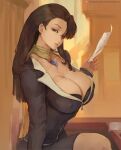  1girl ayasato_chihiro black_hair black_skirt breasts brown_eyes cleavage covered_nipples cutesexyrobutts earrings gyakuten_saiban highres jewelry large_breasts lips long_hair looking_at_viewer magatama mole mole_under_mouth paper sitting skirt solo 