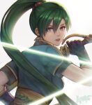  1girl blue_dress dress earrings green_eyes green_hair jewelry kaejunni light_rays long_hair looking_at_viewer looking_back lyn_(fire_emblem) ponytail rope_belt sword weapon 