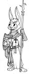 2016 3_toes ankle_wraps anthro armor belt bill_(weapon) black_and_white buckteeth carrot chainmail cheek_tuft clothing coat_of_arms cross crusader ears_up facial_scar facial_tuft fan_character feet food foot_wrappings foot_wraps full-length_portrait fur heater_shield holding_object holding_polearm holding_weapon knight lagomorph leporid male mammal medieval melee_weapon monochrome notched_ear open_mouth open_smile plant polearm portrait rabbit rogier_d&#039;lapin_(spiff) scabbard scar sheathed_weapon shield simple_background smile solo spiff sword tabard teeth toes traditional_media_(artwork) tuft vegetable warrior weapon white_background white_body white_fur wraps 