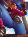 abs activision anthro bandicoot belt bottomwear breasts breasts_apart butt butt_from_the_front claws clothed clothing crash_bandicoot_(series) denim denim_clothing ear_piercing female fingerless_gloves fully_clothed gloves handwear hi_res humanoid_pointy_ears jeans low-angle_view mammal marsupial melee_weapon midriff mohawk nipple_outline pants piercing pirate_tawna piratefoxbox solo spread_legs spreading sword tawna_bandicoot thick_thighs tight_clothing video_games weapon wide_hips 