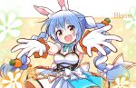  1girl :d animal_ear_fluff animal_ears armpit_peek bangs belt blue_bow blue_hair blue_neckwear blush bow bowtie braid breasts bunny-shaped_pupils bunny_ears carrot_hair_ornament chromatic_aberration commentary_request corset dress english_text eyebrows_visible_through_hair floral_background food_themed_hair_ornament foreshortening gloves gold_trim hair_bow hair_ornament highres hololive long_hair looking_at_viewer medium_breasts multicolored_hair open_mouth orange_eyes palms reaching_out sakino_shingetsu sidelocks smile solo twin_braids twintails two-tone_hair upper_body upper_teeth usada_pekora very_long_hair virtual_youtuber white_bow white_dress white_gloves white_hair 