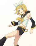  1girl :o armpit_crease arms_at_sides bare_shoulders beige_background belt black_sailor_collar black_shorts blonde_hair blue_eyes clenched_hands clothes_lift colored_eyelashes detached_sleeves dot_nose feet_out_of_frame fingernails flat_chest hair_ornament hair_ribbon hairclip kagamine_rin leg_up leg_warmers looking_at_viewer looking_back musical_note navel number_tattoo ribbon sailor_collar shiny shiny_hair shirt_lift short_hair shorts shoulder_tattoo simple_background solo standing standing_on_one_leg stomach tareme tattoo teeth torla16 treble_clef upper_teeth vocaloid white_ribbon yellow_belt yellow_nails yellow_neckwear yellow_ribbon 