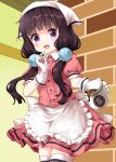  1girl apron bangs black_hair blend_s blunt_bangs buttons coffee coffee_mug collared_shirt cowboy_shot cup eyebrows_visible_through_hair frilled_apron frills gloves head_scarf highres holding holding_cup indoors long_hair low_twintails mug open_mouth pink_shirt pink_skirt puffy_short_sleeves puffy_sleeves purple_eyes ruu_(tksymkw) sakuranomiya_maika shaded_face shirt short_sleeves skirt smile solo standing stile_uniform thighhighs twintails waist_apron waitress white_apron white_gloves white_headwear white_legwear 