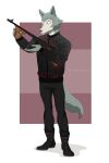  2020 anthro beastars black_clothing black_jacket black_topwear canid canine canis clothed clothing digital_media_(artwork) fur grey_body grey_fur gun hi_res holding_gun holding_object holding_weapon jacket legoshi_(beastars) looking_at_object male mammal multicolored_body multicolored_fur ranged_weapon simple_background solo standing submachine_gun thompson_gun tommysamash topwear two_tone_body two_tone_fur weapon white_body white_fur wolf 