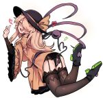  1girl between_legs blonde_hair bow frills from_behind full_body fusion garter_straps hair_over_one_eye hat hat_bow heart highres index_finger_raised koishi_komeiji&#039;s_heart-throbbing_adventure lace long_hair long_sleeves looking_at_viewer looking_back open_mouth panties pigeoncrow sharp_teeth shirt smile solo teeth thighhighs third_eye touhou underwear wide_sleeves yakumo_koishi yellow_eyes 