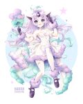 1girl animal_ears artist_name bare_shoulders blue_eyes commentary_request dress eyelashes full_body galarian_form galarian_ponyta gen_8_pokemon gloves highres holding horns kishishiotani looking_at_viewer open_mouth personification pokemon purple_hair shoes single_horn solo star_(symbol) thighhighs tongue white_legwear 