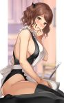  1girl amagami apron bangs black_legwear black_swimsuit blush bowl breasts brown_eyes brown_hair chocolate chocolate_on_face food food_on_face hair_ribbon highleg highleg_swimsuit highres ladle large_breasts looking_at_viewer nakata_sae one-piece_swimsuit open_mouth ribbon serizawa_(serizawaroom) short_hair short_twintails sideboob sitting solo swimsuit swimsuit_under_clothes thighhighs twintails valentine wariza white_apron 