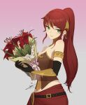  1girl black_gloves bouquet breasts circlet cleavage closed_mouth elbow_gloves floating_hair flower gloves gradient gradient_background green_eyes highres holding holding_bouquet long_hair looking_at_viewer medium_breasts pink_background pyrrha_nikos red_flower red_hair rwby shiny shiny_hair signature smile solo sparkle standing strapless uyalago 