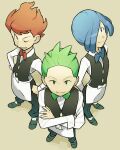  3boys apron arm_behind_back blue_eyes blue_hair bow bowtie brothers chili_(pokemon) cilan_(pokemon) closed_mouth commentary_request cress_(pokemon) crossed_arms donnpati from_above green_eyes green_hair highres long_sleeves male_focus multiple_boys no_sclera one_eye_closed orange_hair pants pokemon shirt shoes siblings smile vest waist_apron white_shirt 