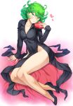  1girl arm_support bangs black_dress black_footwear box breasts collarbone collared_dress covered_navel curly_hair dress green_eyes green_hair hair_between_eyes hand_up heart-shaped_box highres holding holding_box long_sleeves looking_at_viewer mogudan no_panties one-punch_man parted_lips pelvic_curtain sleeves_past_wrists solo tatsumaki thighs white_background wing_collar 