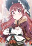  1girl ahoge bangs black_headwear black_skirt blurry blurry_background blush brown_capelet brown_eyes brown_hair capelet closed_mouth commentary_request crossed_arms depth_of_field eris_greyrat eyebrows_visible_through_hair frilled_hat frills fur-trimmed_capelet fur_trim hair_between_eyes hat jacket k_hiro long_hair long_sleeves looking_at_viewer mushoku_tensei red_shirt shirt skirt solo thick_eyebrows very_long_hair white_jacket 
