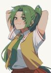  1girl arms_behind_head arms_up bangs breasts brown_skirt closed_mouth collared_shirt commentary_request cowboy_shot eyebrows_visible_through_hair green_eyes green_hair green_neckwear grey_background high_ponytail higurashi_no_naku_koro_ni long_hair looking_at_viewer necktie noriuma parted_bangs pleated_skirt ponytail school_uniform shirt shirt_tucked_in short_sleeves simple_background skirt smile solo sonozaki_mion very_long_hair vest white_shirt 