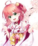  1girl :d ahoge bell cherry_blossoms eyebrows_visible_through_hair floral_print green_eyes hair_bell hair_ornament highres hololive japanese_clothes kimono long_hair looking_at_viewer open_mouth red_hair sakura_miko simple_background smile solo takashina_taaa teeth upper_teeth virtual_youtuber white_background white_kimono wide_sleeves x_hair_ornament 