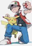  1boy bangs baseball_cap belt belt_buckle black_shirt blue_pants buckle clenched_hand clenched_teeth donnpati gen_1_pokemon hat highres holding holding_poke_ball jacket kneeling looking_at_viewer male_focus pants pikachu poke_ball poke_ball_(basic) pokemon pokemon_(creature) pokemon_(game) pokemon_on_leg pokemon_rgby red_(pokemon) shirt shoes short_hair short_sleeves teeth white_footwear 