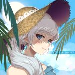  1girl blue_eyes character_name closed_mouth day earrings eyebrows_visible_through_hair hair_over_shoulder hat highres jewelry long_hair looking_at_viewer outdoors portrait rwby scar scar_across_eye shiny shiny_hair signature silver_hair smile smug solo straw_hat sun_hat uyalago weiss_schnee 