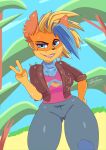  absurd_res activision anthro bandicoot blonde_hair blue_eyes blue_hair bottomwear clothed clothing countershading crash_bandicoot_(series) denim denim_clothing detailed_background ear_piercing female fully_clothed game_(disambiguation) hair hi_res jeans mammal marsupial mole_(marking) multicolored_hair pants piercing renaspyro smile solo tawna_bandicoot thick_thighs two_tone_hair video_games 