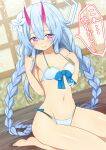  1girl blue_archive blue_hair blurry blurry_background blush breasts chise_(blue_archive) cleavage commentary_request flower hair_between_eyes hair_flower hair_ornament horns looking_at_viewer maokyu navel oni_horns seiza sitting small_breasts solo sweat swimsuit translation_request 