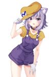  1girl absurdres animal_ear_fluff animal_ears cat_ears cosplay gloves hand_on_own_thigh hat highres hololive looking_at_viewer nekomata_okayu open_mouth overalls purple_eyes purple_hair shirt short_hair short_sleeves simple_background smile solo takashina_taaa thighs virtual_youtuber wario wario_(cosplay) warioware white_background white_gloves yellow_headwear yellow_shirt 