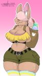  2019 anthro backpack belt big_breasts bottomwear breasts cleavage clothed clothing curvy_figure digital_media_(artwork) easter easter_egg female fur gradient_background hair hair_over_eyes hi_res holidays hotpants hourglass_figure lagomorph legwear leporid mammal pink_hair rabbit shorts simple_background skimpy solo squish standing tan_body teeth thehoneybutter thick_thighs thigh_highs thigh_squish under_boob wide_hips 
