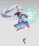 1girl blue_dress blue_eyes breasts closed_mouth dress floating_hair full_body gradient_dress grey_background highres holding holding_weapon leg_up long_hair long_sleeves myrtenaster rwby shiny shiny_hair short_dress shrug_(clothing) silver_hair sleeveless sleeveless_dress small_breasts solo strapless strapless_dress uyalago very_long_hair weapon weiss_schnee 
