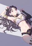  1girl absurdres arm_up armlet armpits bangs bikini black_hair bracelet breasts detached_sleeves earrings fate/grand_order fate_(series) gold_trim hair_ribbon highres hoop_earrings ishtar_(fate) ishtar_(fate)_(all) jewelry long_hair looking_at_viewer lying medium_breasts mismatched_bikini neck_ring on_back parted_bangs parted_lips red_eyes ribbon single_detached_sleeve sugarhigh swimsuit thighlet thighs tiara two_side_up 