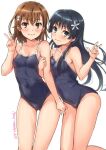  1girl arm_hug ass_visible_through_thighs black_hair black_swimsuit breasts brown_eyes brown_hair collarbone commentary_request competition_school_swimsuit cowboy_shot flower green_eyes hair_flower hair_ornament isshi_pyuma lineart long_hair looking_at_viewer misaka_mikoto saten_ruiko school_swimsuit short_hair simple_background small_breasts solo swimsuit toaru_kagaku_no_railgun toaru_majutsu_no_index twitter_username v waving white_background 