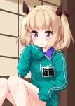 1girl bangs blonde_hair blush brown_eyes brown_ribbon closed_mouth eyebrows_visible_through_hair green_sweater hair_ribbon highres iijima_yun indoors long_sleeves looking_down new_game! ribbon ruu_(tksymkw) sitting sleeves_past_fingers sleeves_past_wrists solo sweat sweater two_side_up 