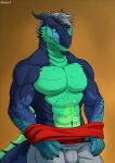  abs anthro bodily_fluids bottomwear bulge clothed clothing dragon frill_(anatomy) green_eyes hair horn male muscular muscular_anthro muscular_male nameless00 pants pecs scalie solo sweat topless 