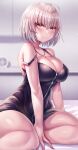  1girl absurdres black_dress blush breasts cleavage closed_mouth dress fate/grand_order fate_(series) highres jeanne_d&#039;arc_(alter)_(fate) jeanne_d&#039;arc_(fate)_(all) jewelry looking_at_viewer nano_(syoutamho) necklace on_bed short_dress short_hair silver_hair sitting sitting_on_bed wicked_dragon_witch_ver._shinjuku_1999 yellow_eyes 