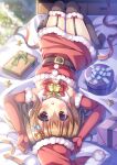  1girl :d absurdres arms_up bangs bed bell belt belt_buckle black_belt black_legwear blurry blurry_background blush bow box breasts brown_eyes brown_hair buckle christmas christmas_ornaments christmas_tree commentary_request depth_of_field dress elbow_gloves eyebrows_visible_through_hair fur-trimmed_gloves fur-trimmed_headwear fur-trimmed_legwear fur_trim garter_straps gift gift_box gloves hair_between_eyes hat highres kouta. long_hair looking_at_viewer medium_breasts no_shoes on_bed open_mouth original red_bow red_dress red_gloves red_headwear santa_costume santa_hat smile solo star_(symbol) strapless strapless_dress thighhighs 