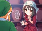  ... 1boy 1girl bandana black_hair blush brown_eyes clenched_hand fighting_stance fujiwara_hajime green_headwear green_tunic highres idolmaster idolmaster_cinderella_girls indoors japanese_clothes kimono link long_hair open_hand pointy_hat pottery spoken_ellipsis takiki tenugui the_legend_of_zelda trembling wavy_mouth 