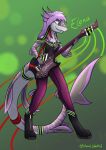  anthro azural_cobaltros boots breasts cleavage clothed clothing ear_piercing ear_ring elena female fin fish footwear guitar hi_res legwear marine musical_instrument non-mammal_breasts piercing plucked_string_instrument rock_(genre) shark smile solo string_instrument tights 