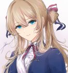  1girl aqua_eyes artist_name brown_hair closed_mouth eyebrows_visible_through_hair filha girls_frontline hair_ornament hair_ribbon highres lips long_hair looking_at_viewer m1903_springfield_(girls_frontline) neck_ribbon red_ribbon ribbon simple_background smile solo_focus uniform violet_evergarden violet_evergarden_(character) 