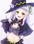  1girl :d absurdres black_capelet black_gloves black_headwear breasts capelet cleavage gloves hair_ornament hat highres hololive long_hair long_sleeves looking_at_viewer midriff murasaki_shion navel open_mouth silver_hair small_breasts smile solo takashina_taaa teeth upper_teeth virtual_youtuber witch_hat yellow_eyes 
