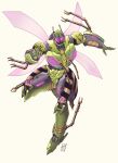  1boy 2021 absurdres antennae beast_wars beige_background clenched_hand english_commentary glowing glowing_eyes highres insect_wings lextodrawstuff looking_at_viewer mecha open_hand predacon purple_eyes solo transformers waspinator wings 