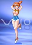  :3 blush breasts green_eyes kasumi_(pokemon) large_breasts orange_hair pokemon ponytail short_shorts shorts side_ponytail solo 