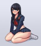  1girl black_hair blue_eyes blush breasts colorized cosplay donburikazoku groin highres kill_la_kill long_hair looking_at_viewer midriff school_uniform senketsu simple_background skirt solo ssss.gridman takarada_rikka 