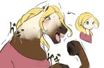  2016 blonde_hair blue_eyes brown_body clothing ear_piercing equid equine female hair hi_res hooves horse human mammal mid_transformation open_mouth piercing shirt simple_background solo topwear transformation white_background yajima 