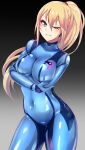  1girl arms_under_breasts blonde_hair blue_bodysuit blue_eyes blush bodysuit breasts cleavage commentary covered_navel eyelashes highres ibusuki large_breasts long_hair looking_at_viewer metroid mole mole_under_mouth one_eye_closed ponytail samus_aran smile solo tied_hair tight zero_suit 