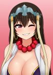  absurdres bead_necklace beads breasts brown_hair earrings eyebrows eyebrows_visible_through_hair fate/grand_order fate_(series) headpiece highres hoop_earrings jewelry large_breasts long_hair necklace one_eye_closed purple_eyes smile the_only_shoe xuangzang_sanzang_(fate) 